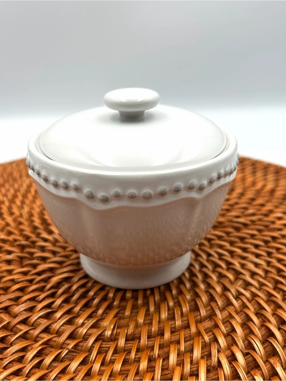 Pottery Barn Emma White Beaded Sugar Bowl Ceramic Rustic Farmhouse With Lid